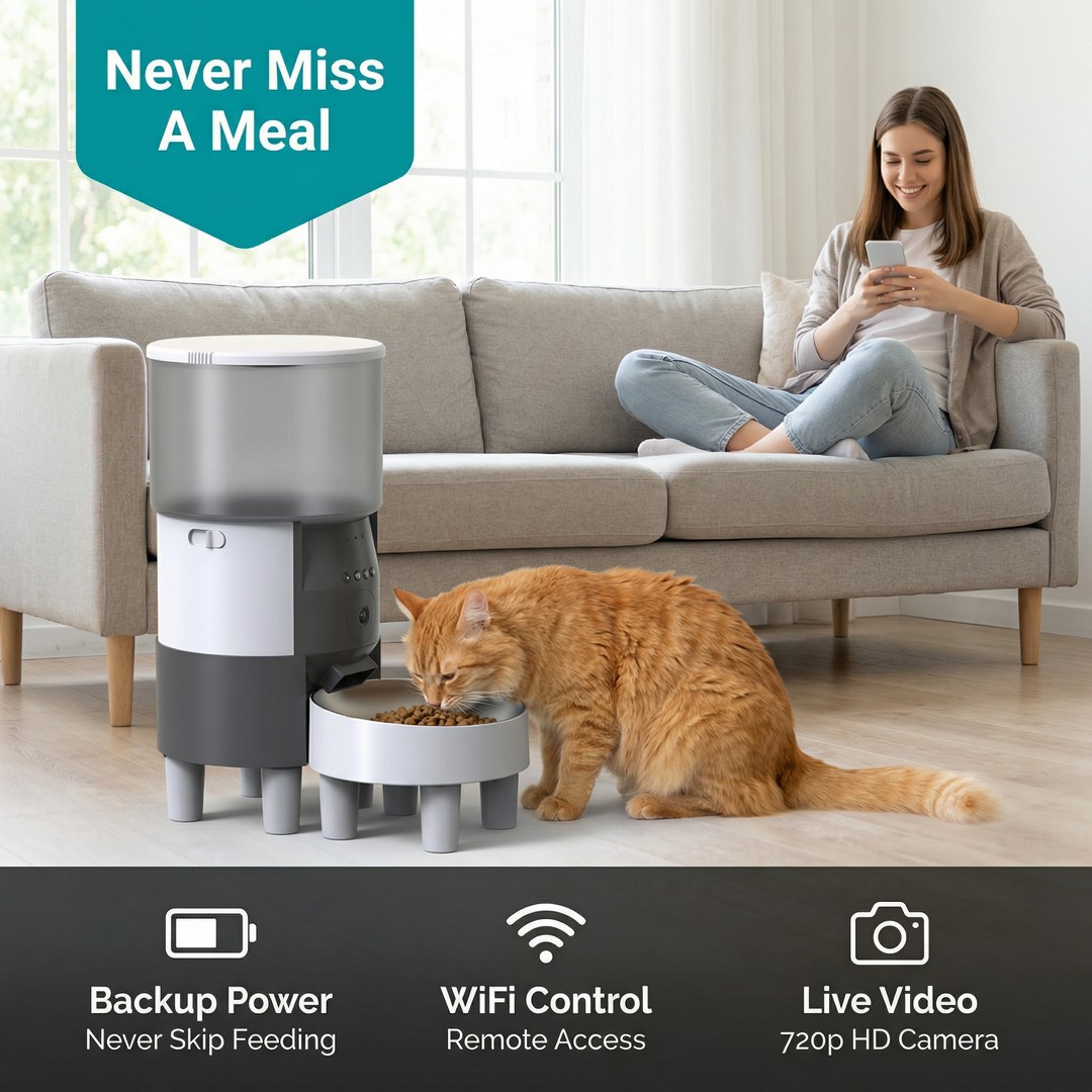 Smart Pet Food Dispenser Dual Power Supply WiFi App Control 6L Food-Grade Material Single Bowl Programmable Schedule