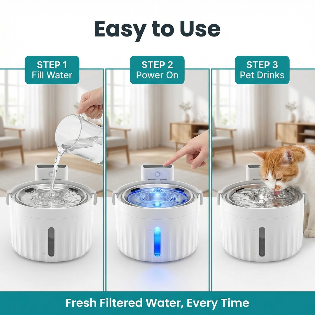 Innovation Award Winner Pet Water Fountain Auto-Circulation 2.6L ABS Plastic Stainless Steel Easy to Clean for Kittens for Dogs