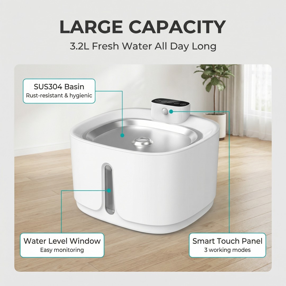 Innovation Award Winner Water Fountain for Cats Triple Filtration System UV Sterilization 3.2L ABS Plastic Flat Bowl