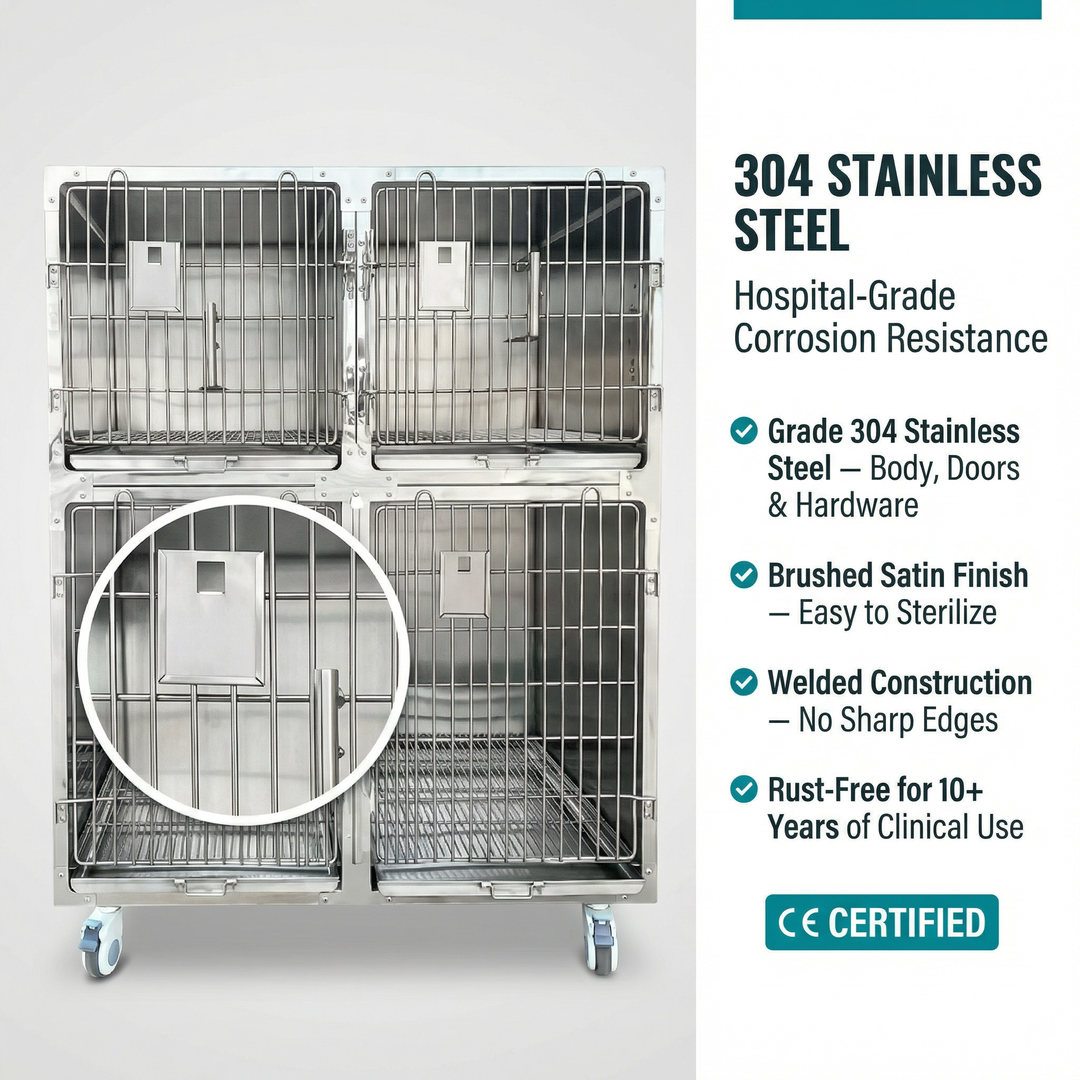 Heavy Duty Commercial Grade Vet Enclosure Stainless Cage for Dogs with Secure Locking System for Routine Animal Boarding