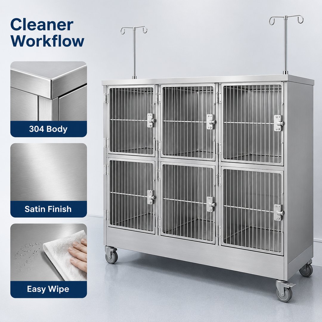 304 Stainless Steel 6 Unit Veterinary Cage Bank
