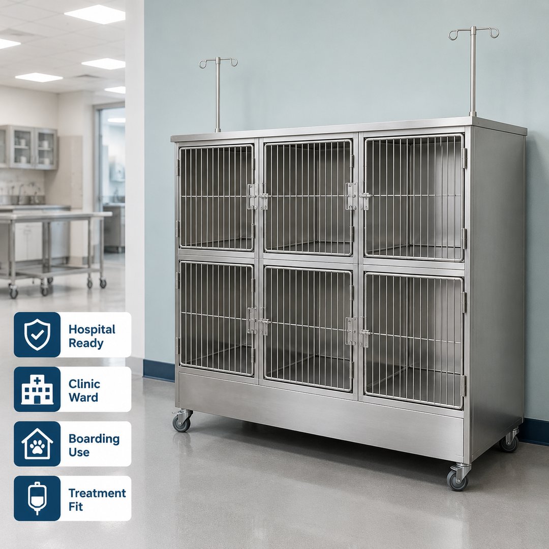 304 Stainless Steel 6 Unit Veterinary Cage Bank