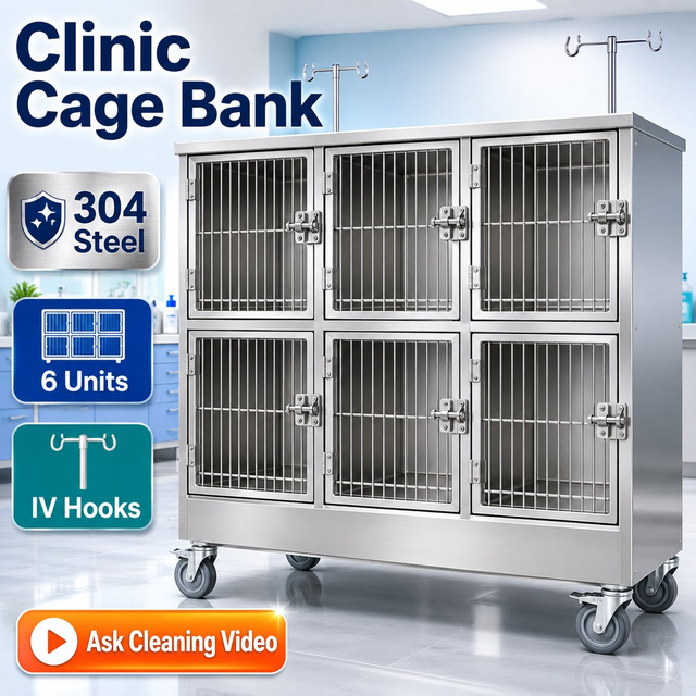 304 Stainless Steel 6 Unit Veterinary Cage Bank