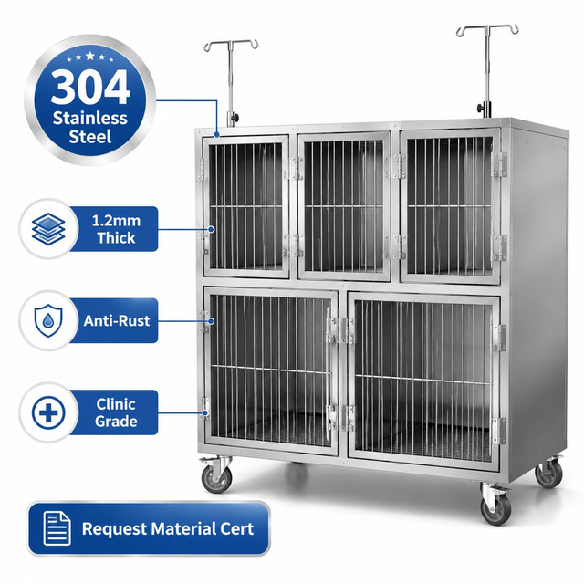 304 Stainless Steel 5-Compartment Veterinary Cage Bank