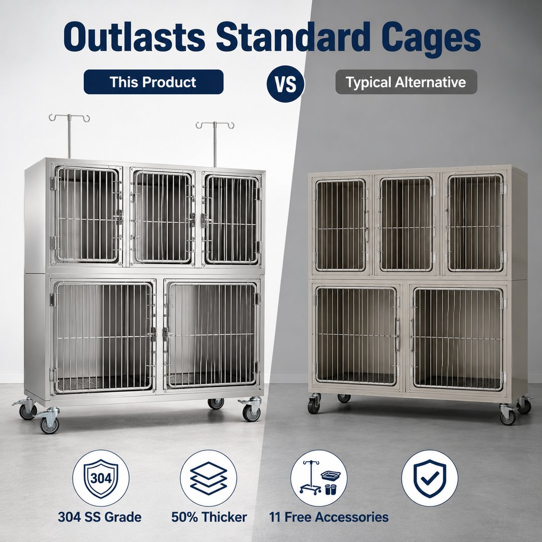 304 Stainless Steel 5-Compartment Veterinary Cage Bank